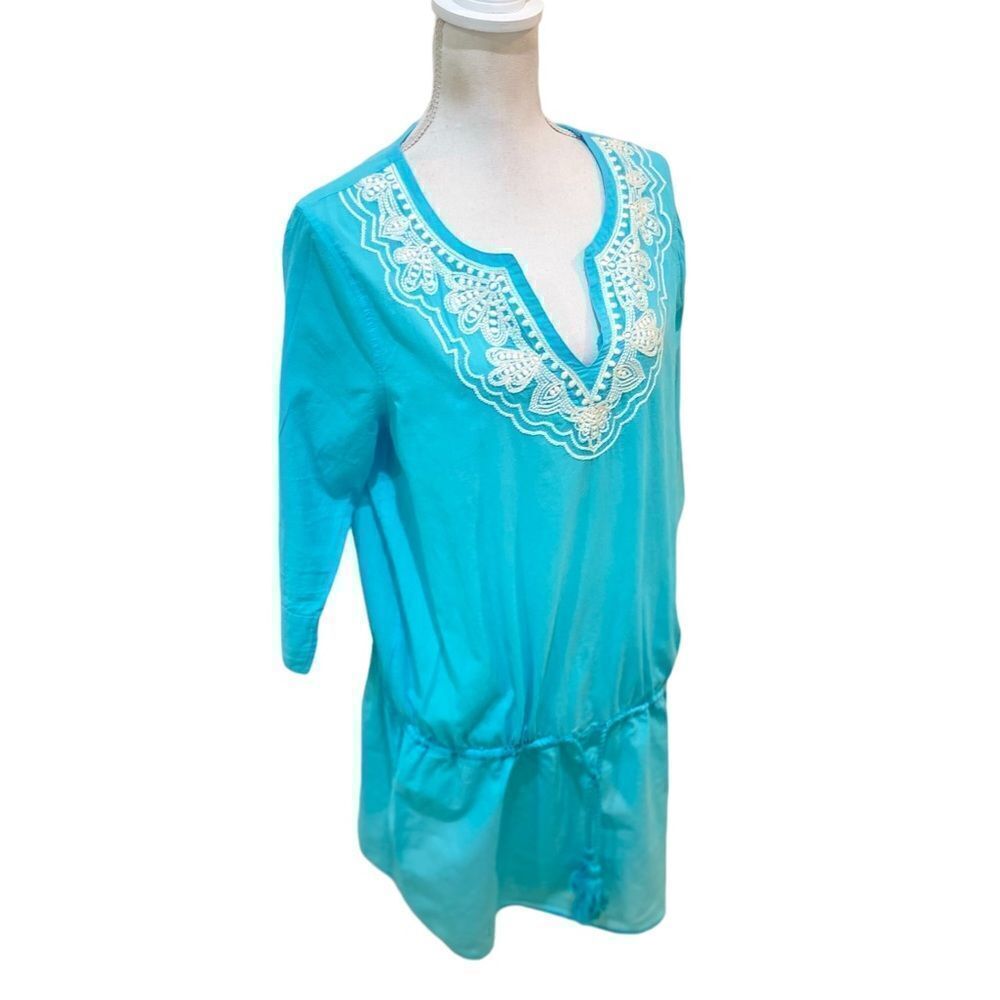 Land’s End 100% cotton white embroidered beach tunic in turquoise size medium